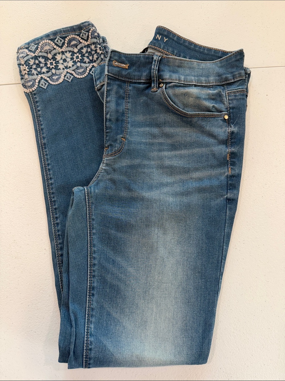 White House Black Market Blue Skinny Cropped Jeans with Embroidered Ankles